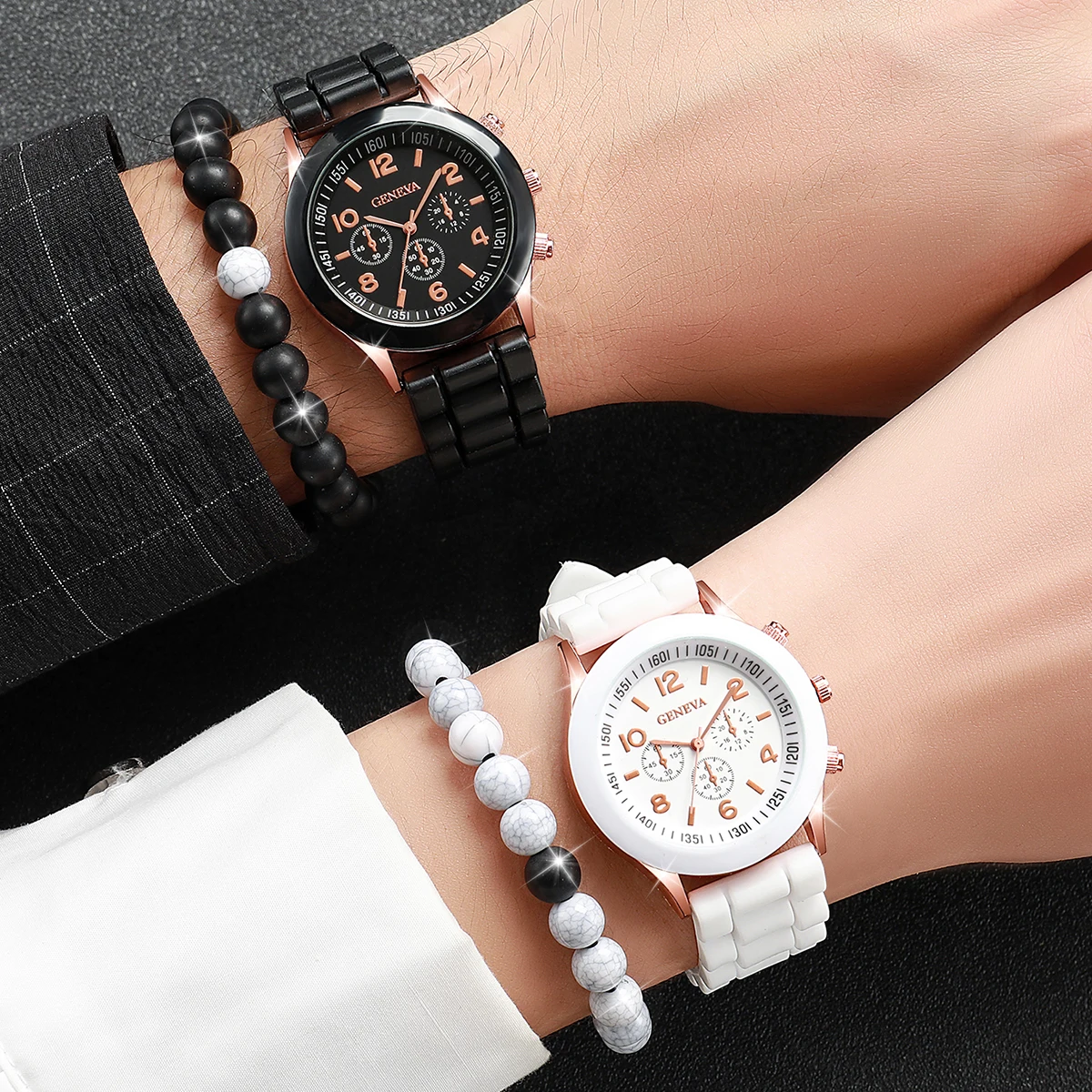 4PCS Couples Watches Fashion Silicone Band Women's Quartz Watch Casual Men's Watches Beads Bracelets Set