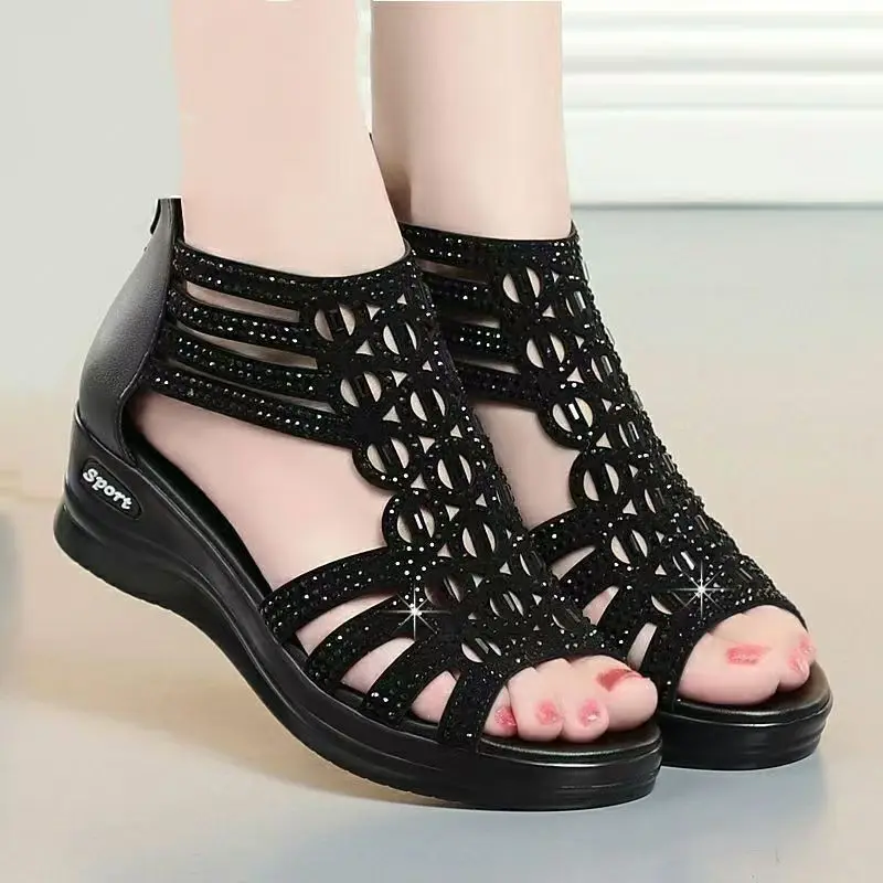 

Rhinestone Women's Sandals Summer 2025 Platform Rome Cut-Outs Wedge Heel Women Shoes Offers Dress Peep Toe Black Shoe Size 35-40