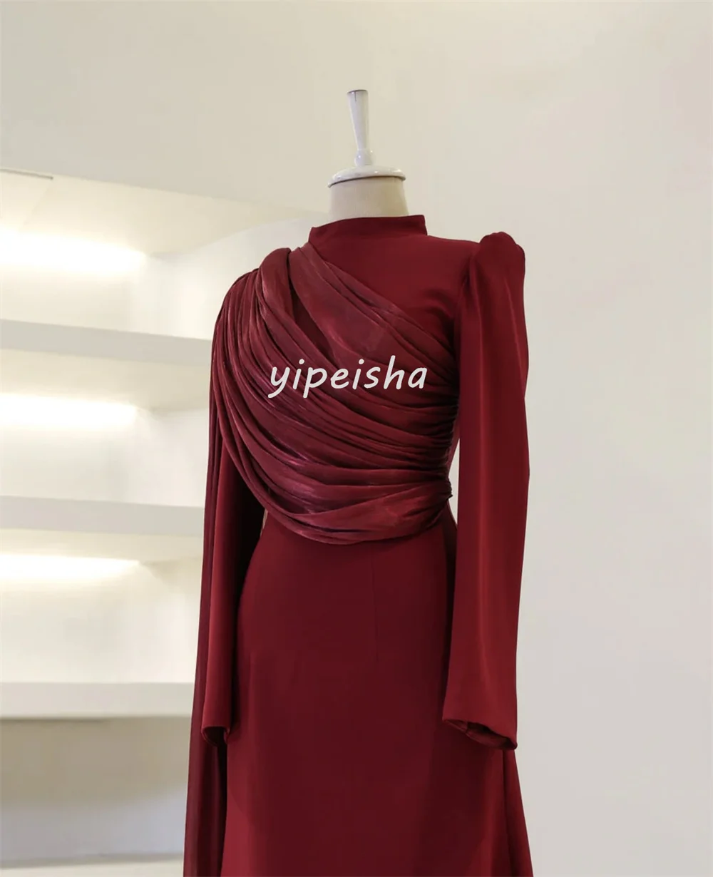 Aangepaste mode bijpassende jersey plooi ruches gedrapeerde a-lijn hoge kraag lange jurken avondjurken hoge kwaliteit moderne stijl