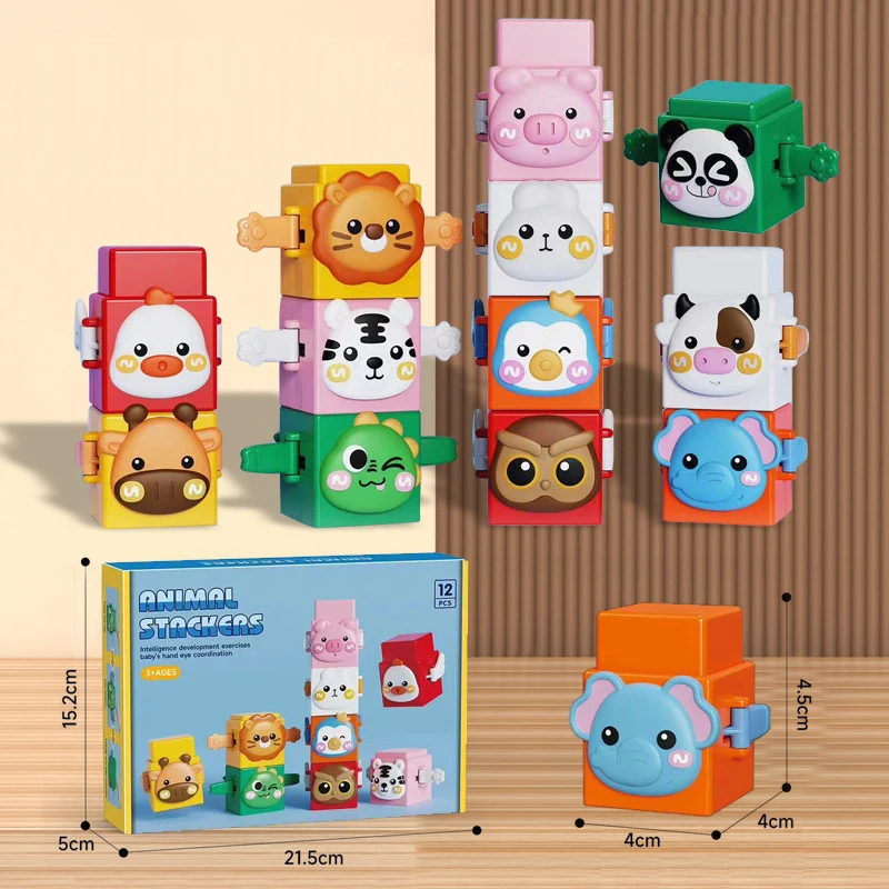 Brinquedos Educativos Empilhamento para Bebês Conjunto De Blocos De Construção Push Animal Toy Brinquedo de mesa Brinquedo Animal Pilha Dos Desenhos