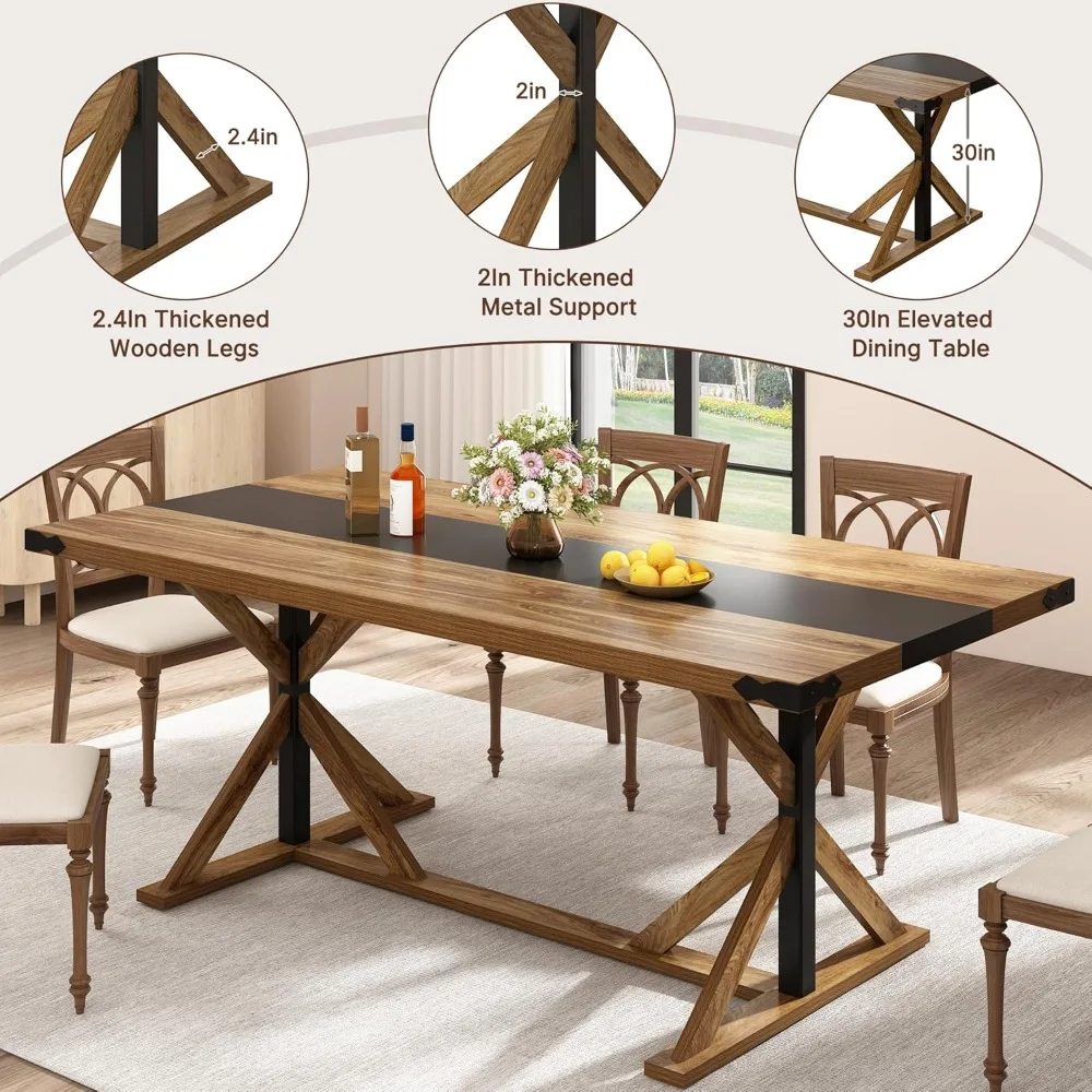طاولة طعام مقاس 71 بوصة تتسع لـ 6 أشخاص، طاولة مزرعة مطبخ مستطيلة مع سطح طاولة خشبي مقاوم للماء بسمك، علامة تبويب طويلة لغرفة الطعام #4