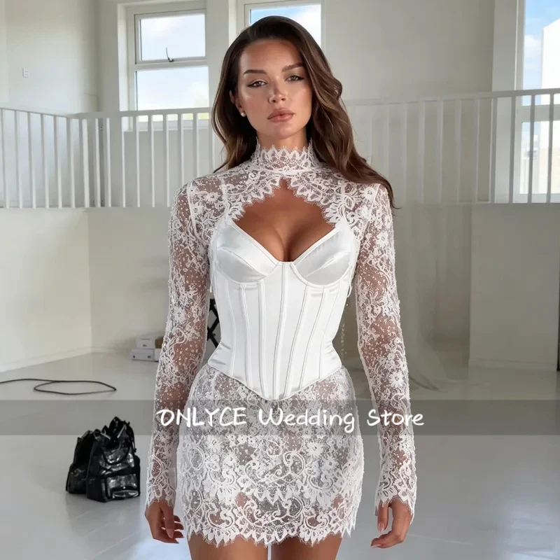 Mini Bride Gowns Backless Full Sleeve Lace Reception Wedding Dress Above Knee vestidos blancos cortos de novia civil Customized