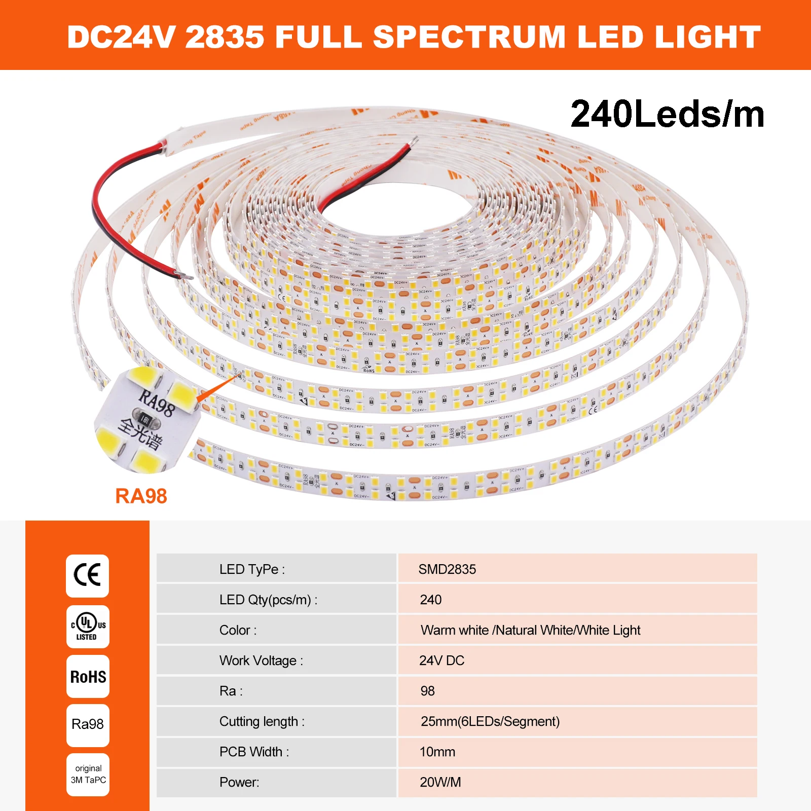 5M 10M DC24V 2835 Светодиодная лента RA98 Гибкая светодиодная лента 3000K 4000K 6000K 120LEDs 240LEDs/M Мягкая лампа для украшения дома