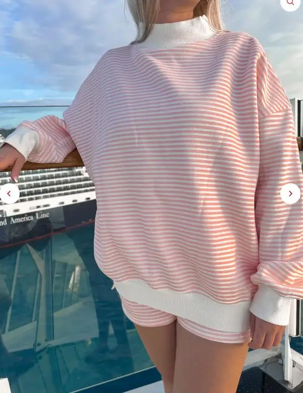 

New Fashion Womens Striped Sweat Set Casual Loose Fit Stylish Crew Neck Long Sleeve Tops and Shorts 2 Pcs Set