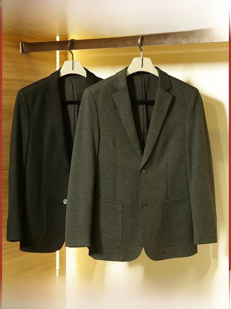 

Italian High-End Anti-Wrinkle Elastic Knitted Men's Jaet Busin Casual Commute Outerwear Thi Stand Fit Long Sve