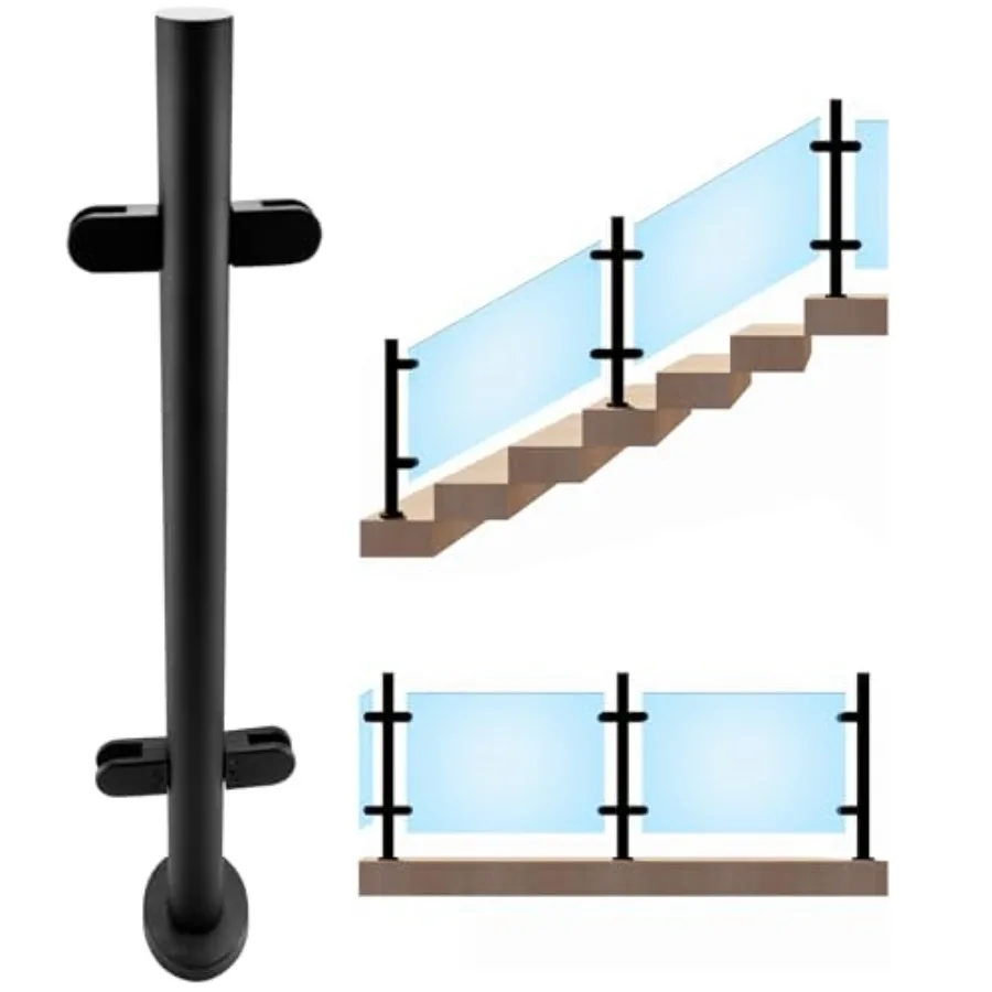 

Round Glass Stair Railing Post System 33.46" Stainless Steel 304 Stair Handrail Balusters with Glass Clamp and Rubbers, Black M