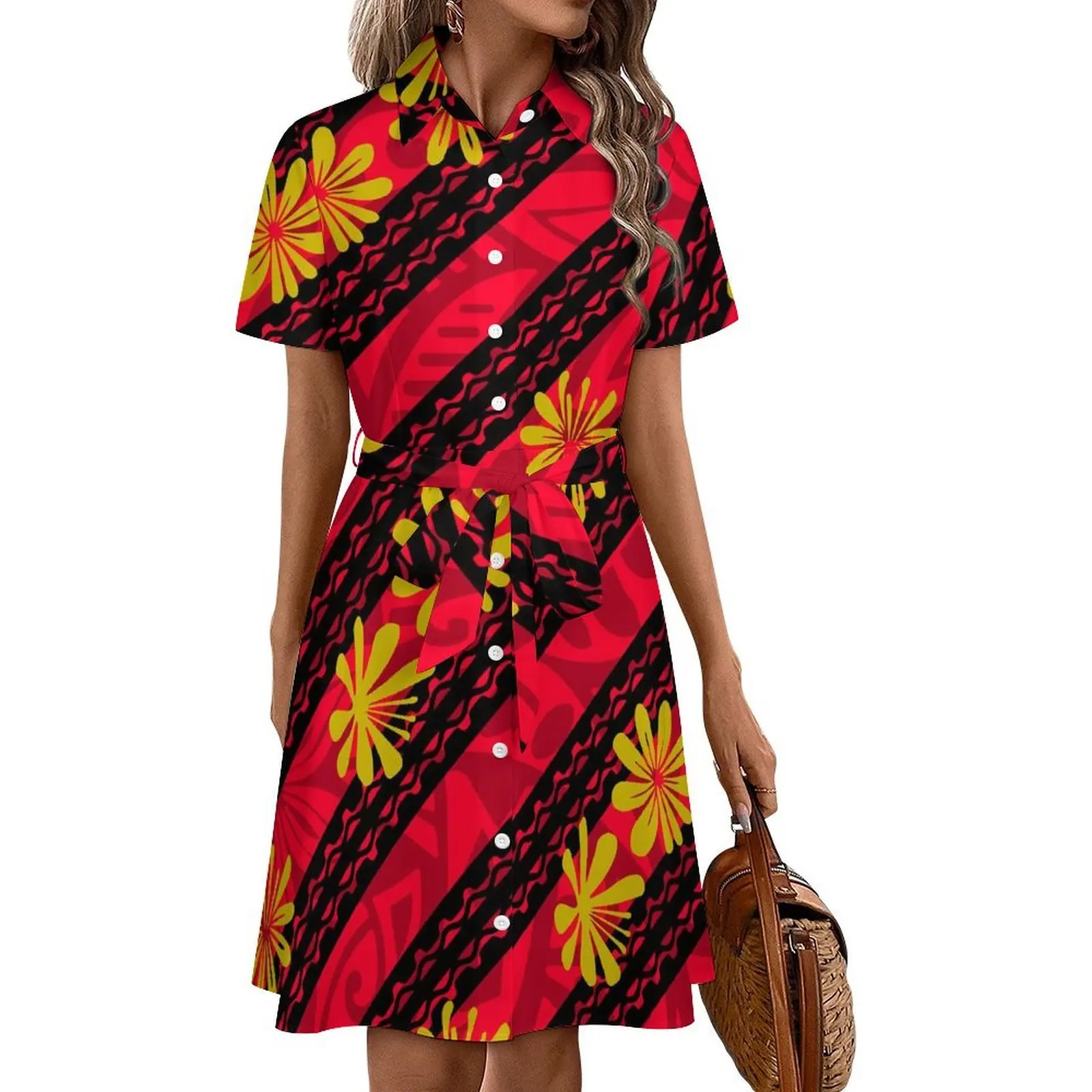 폴리네시안 여성 프린트 패턴 사모아 부족 스타일 하와이안 반팔 셔츠 드레스