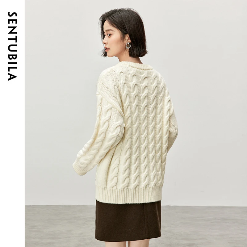 SENTUBILA Casual Wool Knitted Pullovers Women 2024 Winter Oversize Warm Thread O Neck Drop Sleeve Female Sweaters W44E57007