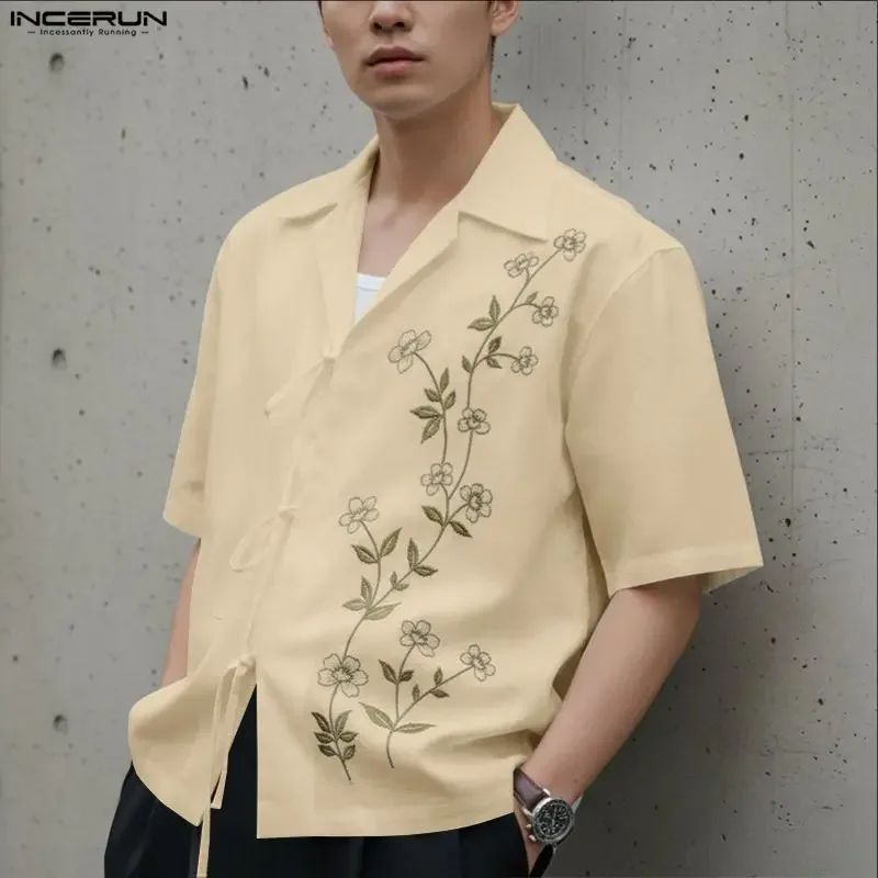 

INCERUN Men Shirt Embroidery Lapel Short Sleeve Lace Up Men Clothing Streetwear Summer Loose Fashion Casual Tops Male Shirts