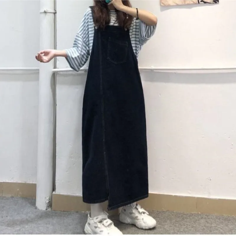 New Solid Black Denim Strap Dress Korean Fashion Dresses For Women Sleeveless Sweet Slash Neck Beach Style Loose Summer Clothing