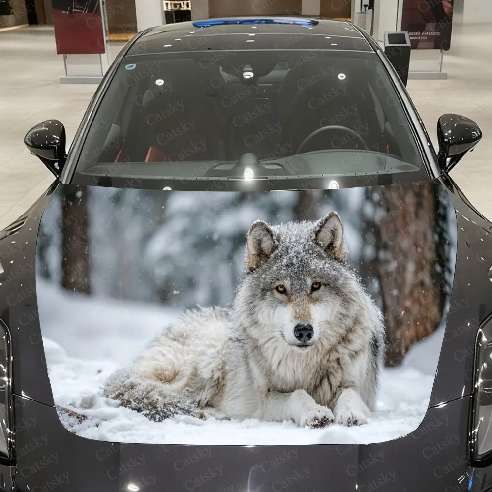 Snow Falling in Lonely Wolf Car Vinyl Wrap, PVC Waterproof Car Hood Sticker, Self-Adhesive Scratch-Resistant Stickers