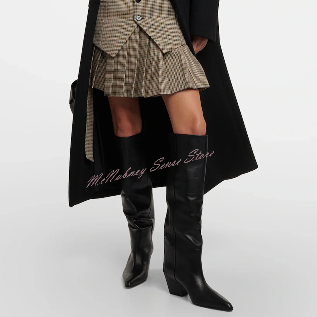 Genuine Leather Chunky Heels Boots Pointed Toe Solid Black Knee High Boots Women New Shoes Winter Party Casual Slip On Shoes