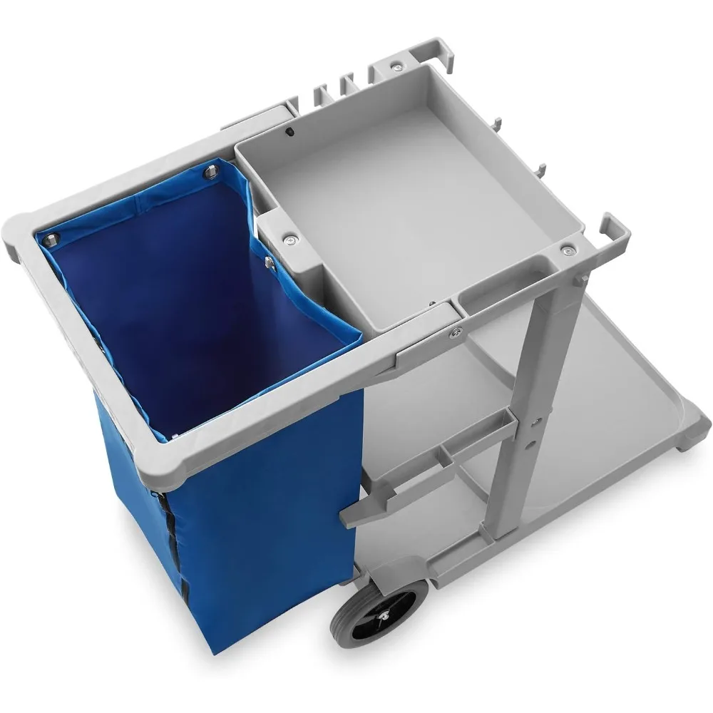 عربة التنظيف التجارية على عجلات - علبة التدبير المنزلي مع أرفف وحقيبة فينيل