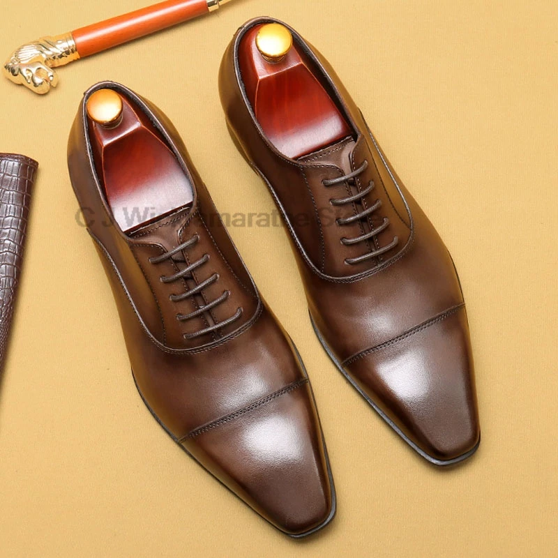 

HKDQ Black Genuine Cow Leather Men Dress Shoes Business Office Lace-up Cap Toe Oxfords Brown Black Wedding Formal Shoes For Men