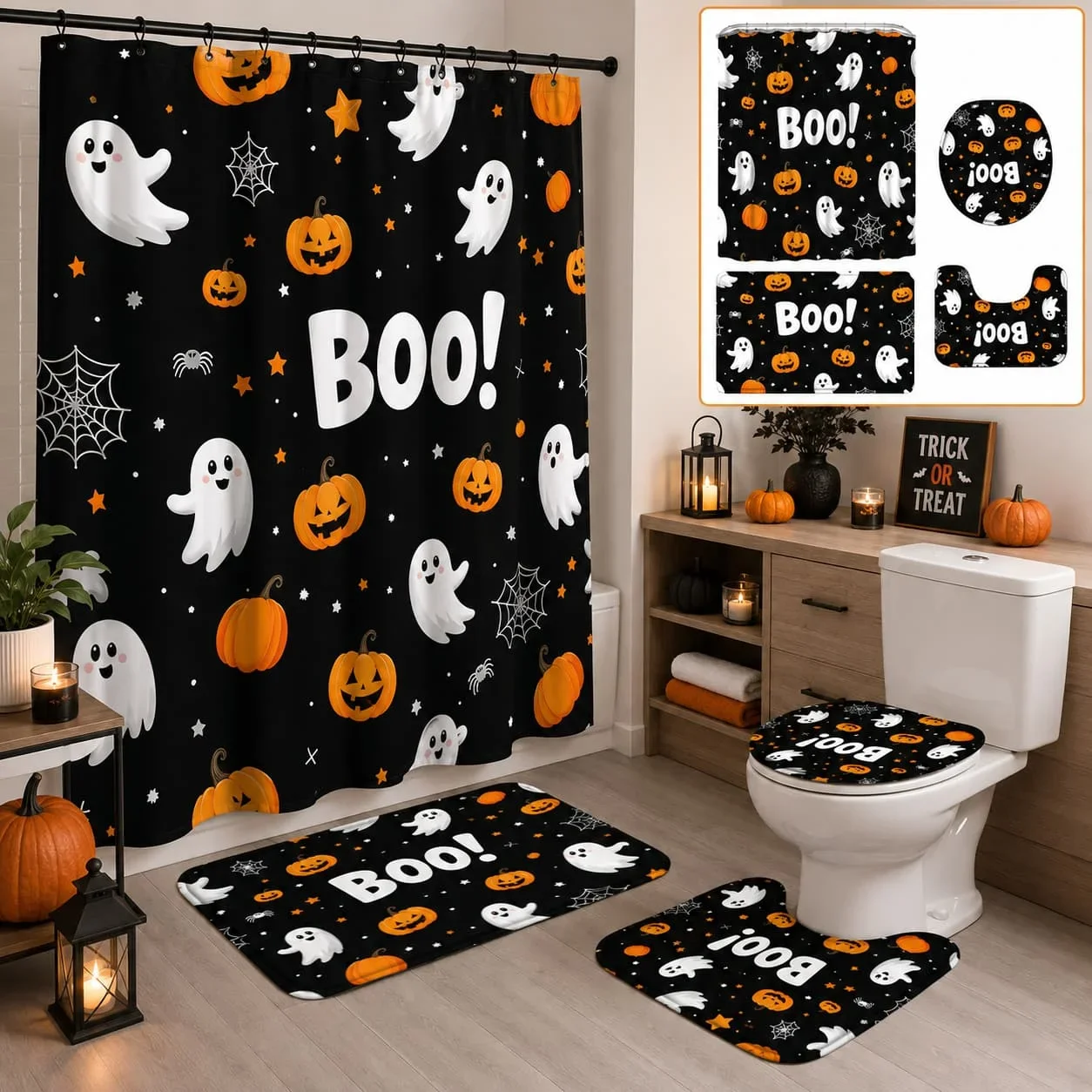 4pcs Halloween Boo Pumpkin Lantern Ghost Shower Curtain Set, Halloween Decor Bathroom Curtain Set with 12 Hooks Included Non-Sli