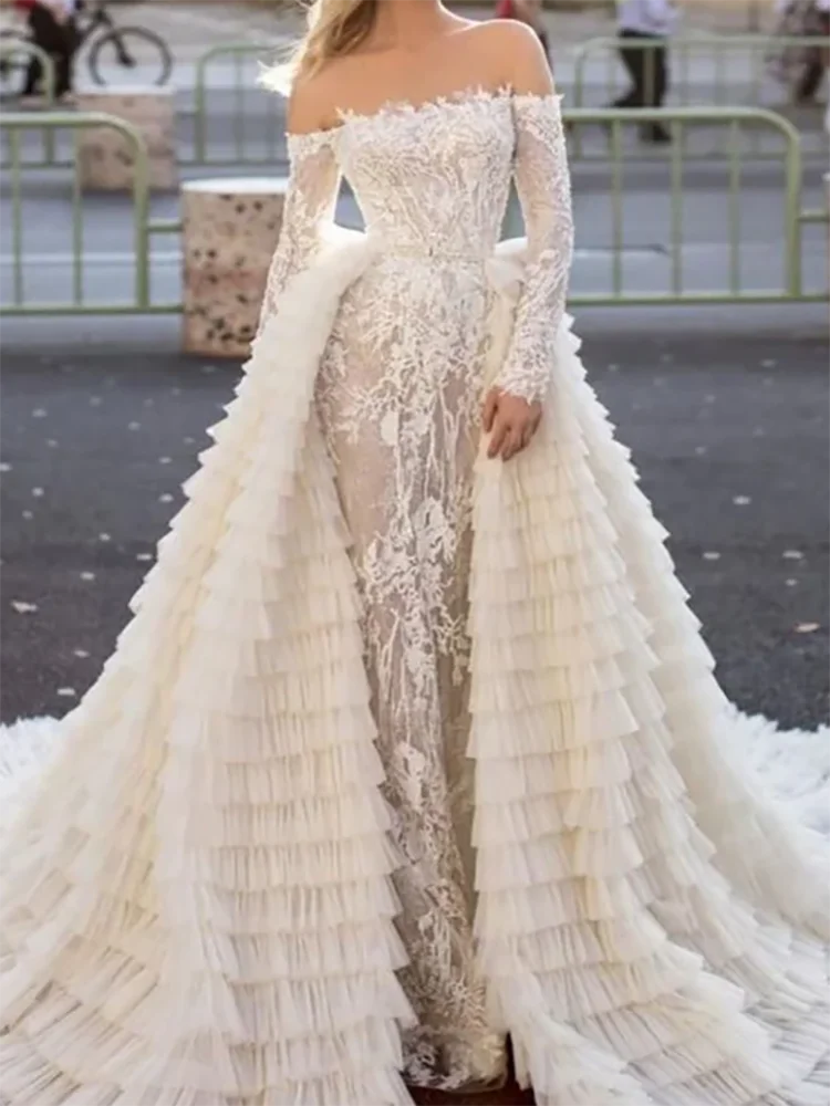 أنيقة قبالة الكتف الدانتيل كم كامل حورية البحر فساتين زفاف العروس أثواب الزفاف حسب الطلب
