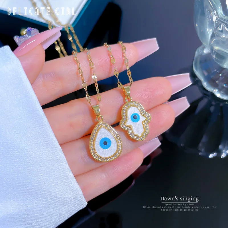 Turkish Hamsa Hand Fatima Crystal Necklace For Women Men Evil Eye Necklaces Gold Color Clavicle Long Chain Lucky Jewelry Gifts