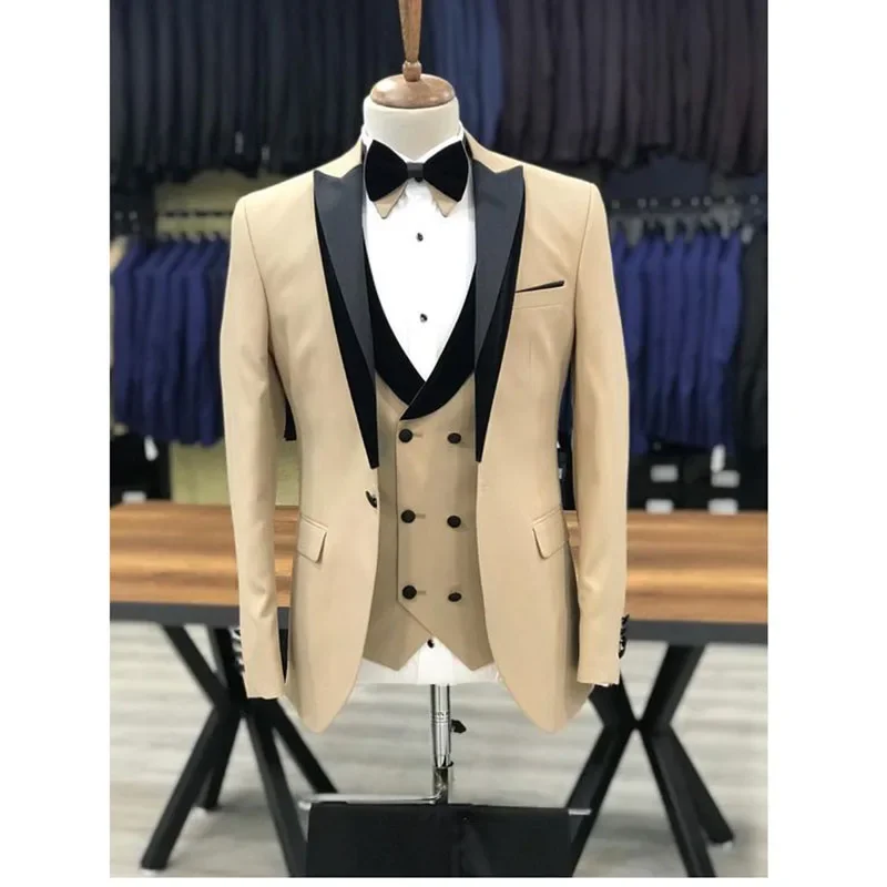 

Khaki Men Suits Tailor-Made Single Breasted Peaked Lapel Formal 3 Piece Jacket Pants Vest Wedding Costume Skinny Blazer Full Set