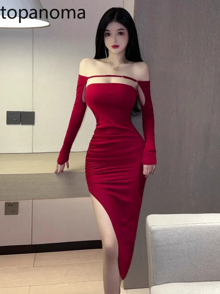 

Topanoma Elegant Sexy Evening Dresses Women Hollow Out Split Slim Slash Neck Off Shoulder Cocktail Party Dress Wedding Club