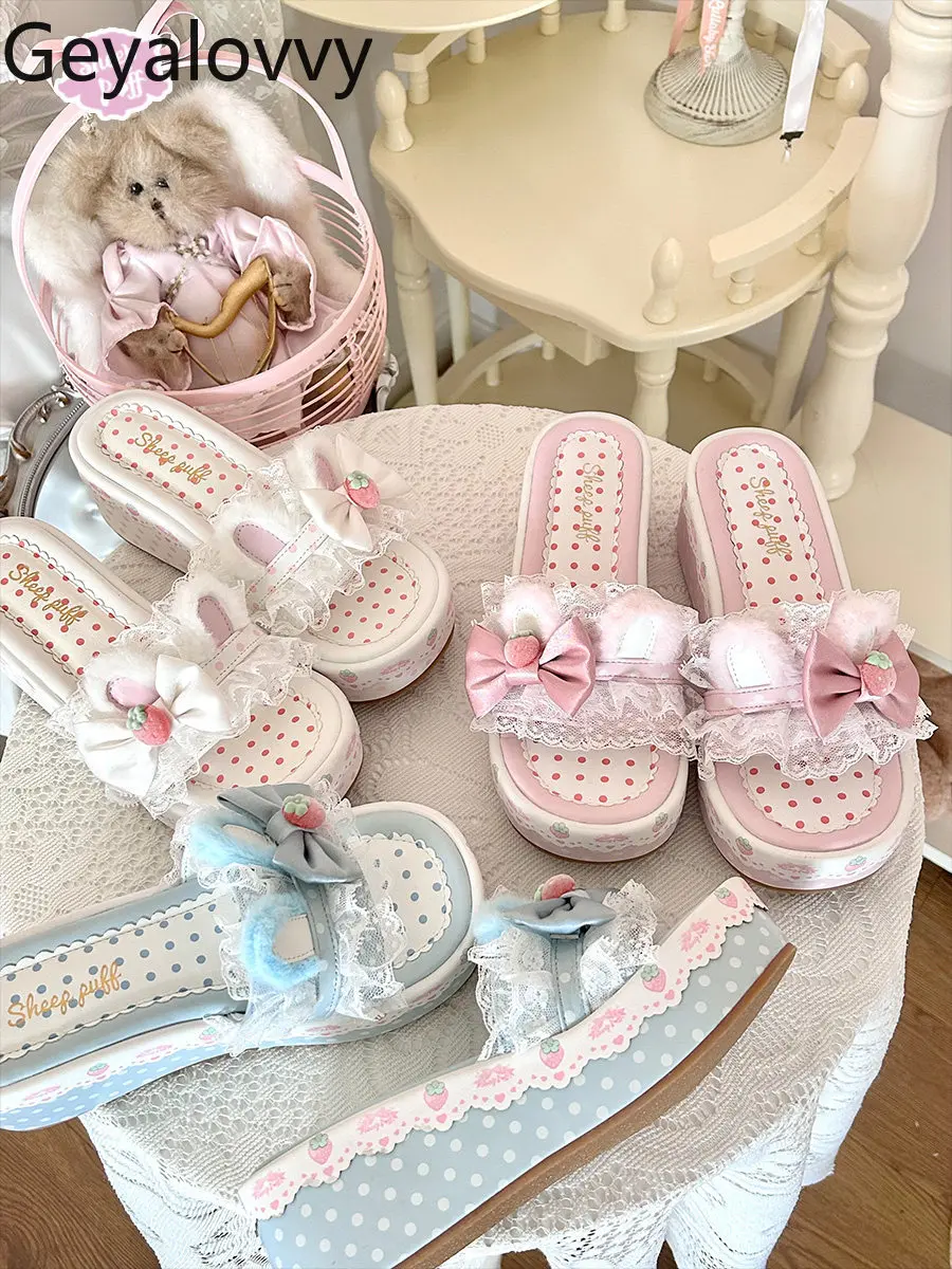 

Sweet and Cute Fashion Slippers Strawberry Lolita Style Thick Sole Women's Shoes Summer Casual Elegant Sandals and Slippers