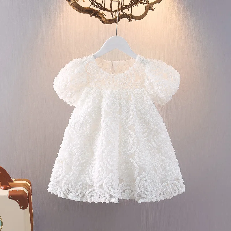 2024 Baby Girl Fashion Dresses Children\'s Puff Short Sleeve Clothing  Summer Solid Hollow Out Feather Lace Princess DressKorean