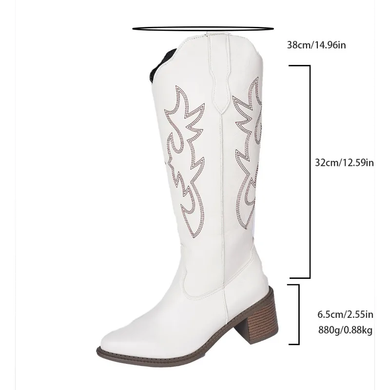 Cowgirl High Knee Boots New Trend Wedge Heels Embroidered Winter Shoes for Women White Red Pink Cowgirl Cowboy Boots
