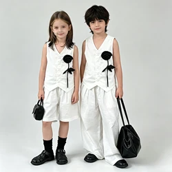 Kids White Vest Set Boys Girls Floral Decor V-Neck Waistcoat Shorts Pants Toddler Summer Formal Party Gentleman Casual Outfit