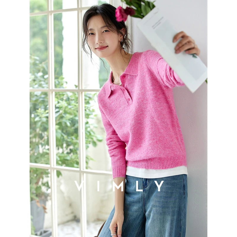 

VIMLY Women's Jumper Knitted Polo Neck Elegant Ladies Sweater Autumn 2025 Strecth Straight Button Female Pullovers 75131
