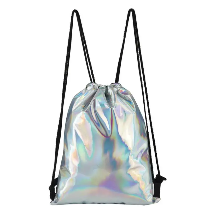 Christmas Gift Sack Holographic Backpack Pu Leather Drawstring Bag Rainbow Metallic Shiny Daypack Silver