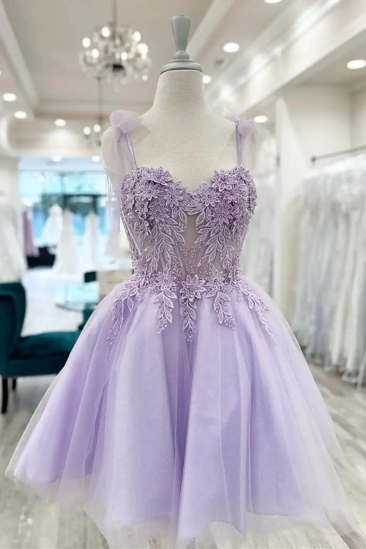 CAN ac-Robe de Bal Courte en Dentelle avec Appliques Perlées, Paillettes, Bretelles Spaghetti, Mini Tenue de Soirée Formelle