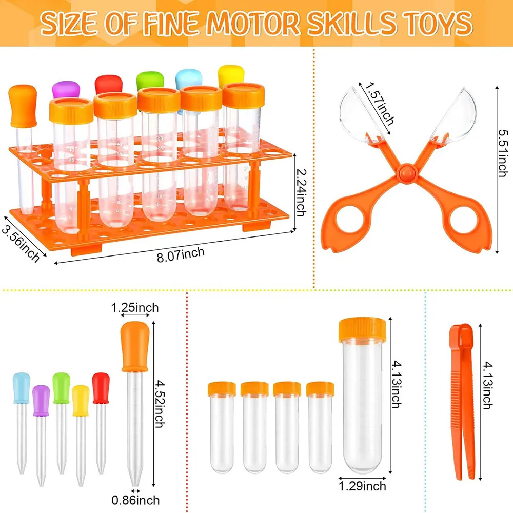 Juguetes de habilidad motora fina para niños, tubos de ensayo Jumbo de ciencia primaria con soporte, cuentagotas, embudo, cuchara de medida