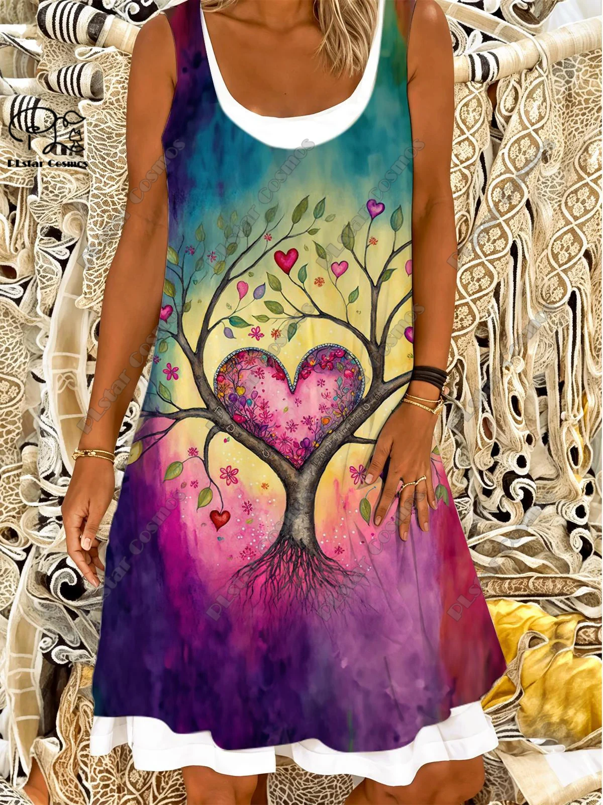 PLstar Cosmos 3D Printed Retro Pattern Women's Sleeveless Dress Summer Casual Beach Dress Holiday Style Collection S-30