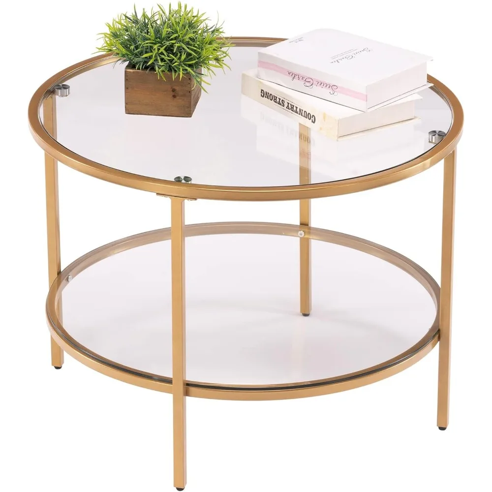 Round Gold Living Room Coffee Table with Storage Compartment Transparent Coffee, Simple Modern Medium Table for Small Spaces