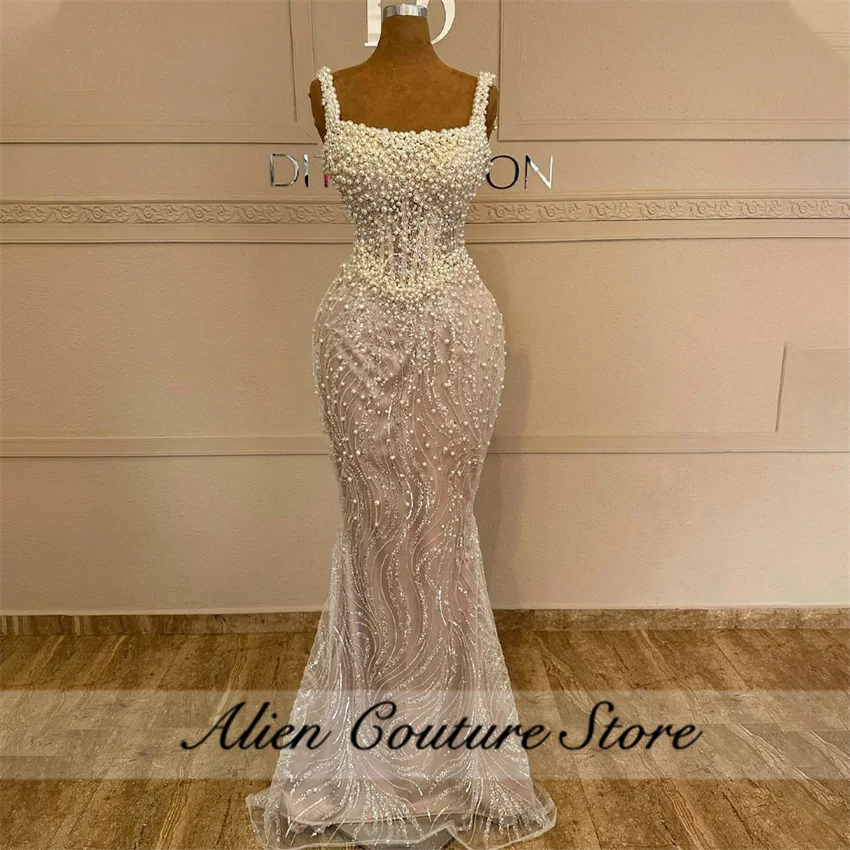Gorgeous White Mermaid Evening Dresses 2024 Bead Pearls  For Wedding Gown Birthday Gown Party Dress Customized