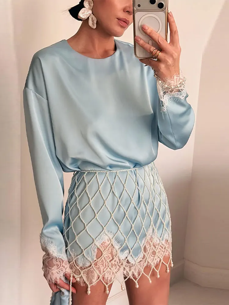Women 2 Piece Set O Neck Full Sleeves Lace Cuffs Long Tunic Top Pearl Mesh Body Skirt Chain Suit Elegant Party Vacation Outfits