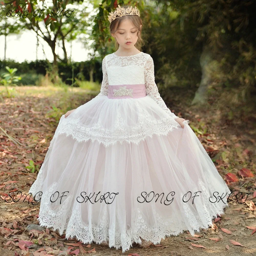 Customized Lace Tulle Ground Wedding Flower Girls Dresses Sequined Bow White Princess Children's Performance Gown Платье Для Дев