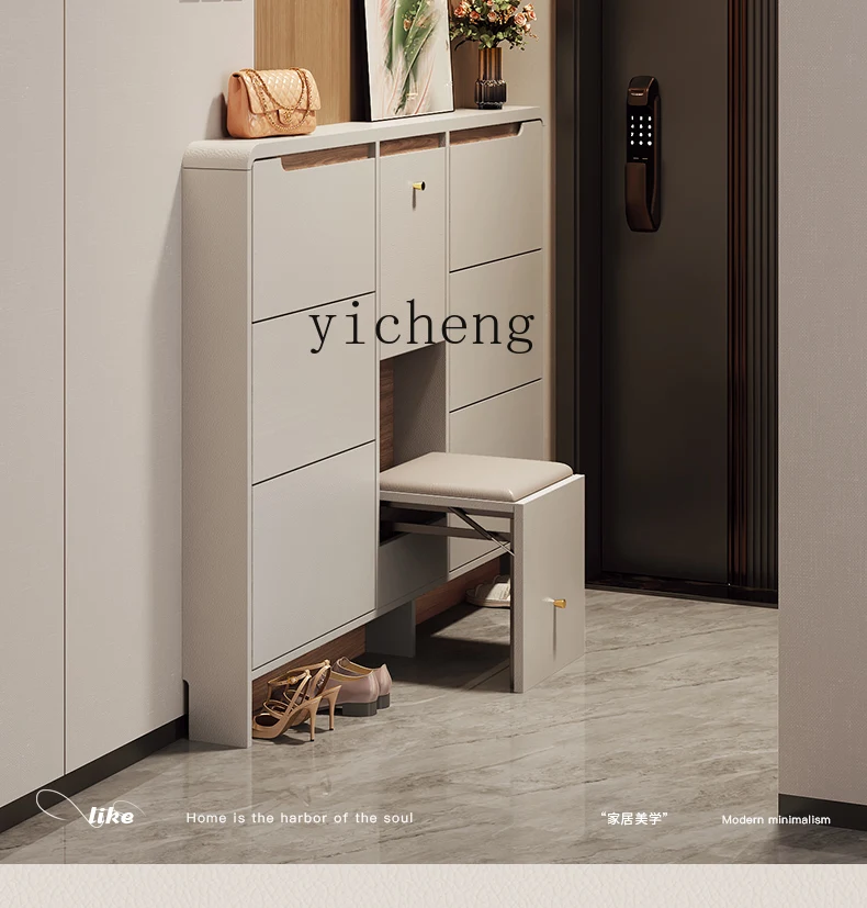 v3 Italian Style Ultra-Thin Shoe Cabinet with Footstool for Entryway, Extremely Narrow Flip Shoe Cabinet