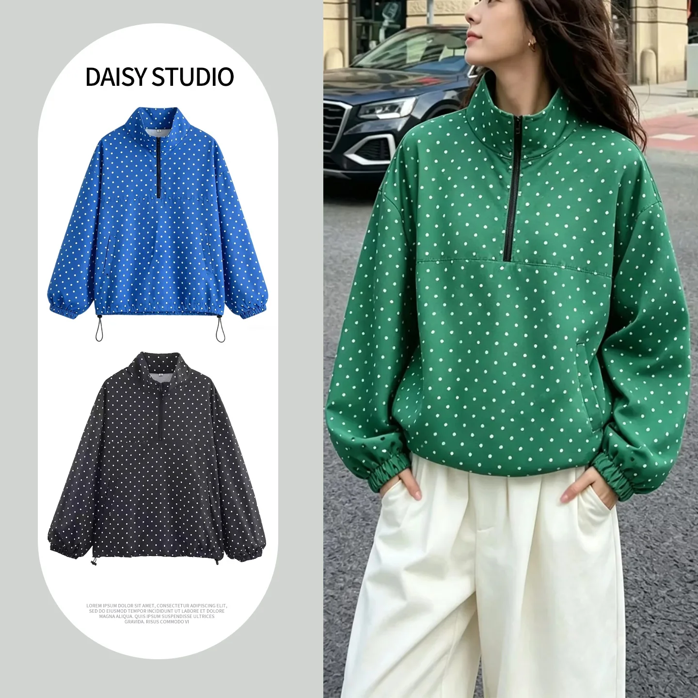 

Spring Summer New Women's Loose Fit Long Sleeve Polka Dot Print Stand Collar Half Zip Puffy Hem Sweatshirt Jacket