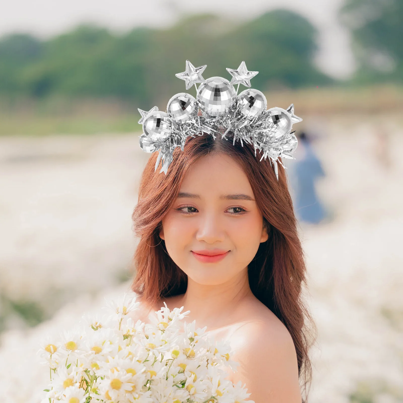 Sparkling Disco Ball Headband for Girls and Women Metallic Finish with Flowing Tinsel Strips Festive Hair Ornament for Birthday