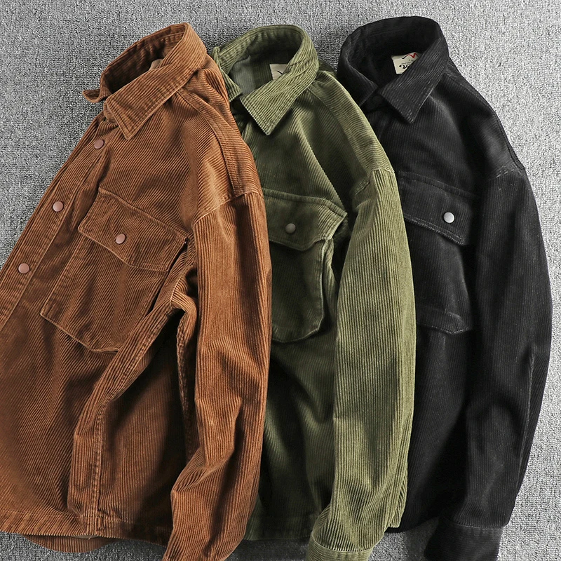 Winter New American Retro Long Sleeve Thick Corduroy Cargo Jacket Men\'s 100% Cotton Washed Large Pockets Casual Solid Color Coat