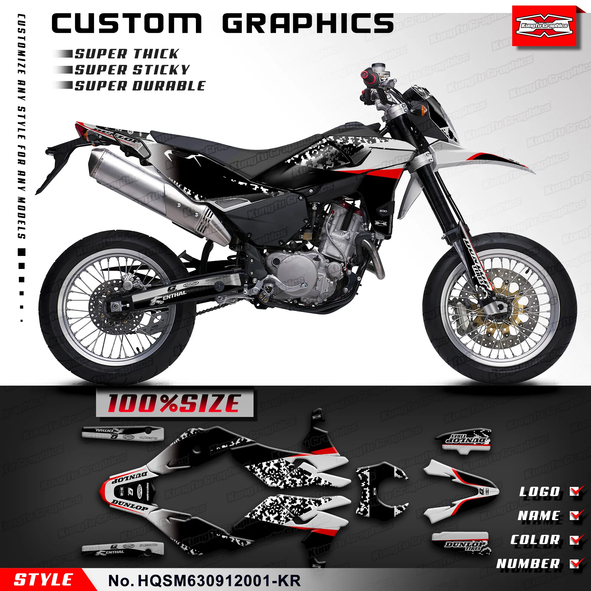 

KUNGFU GRAPHCS Custom Sticker Vinyl Wrap Kit for Husqvarna TE SM SMS 630 2009 2010 2011 2012, HQSM630912001-KR