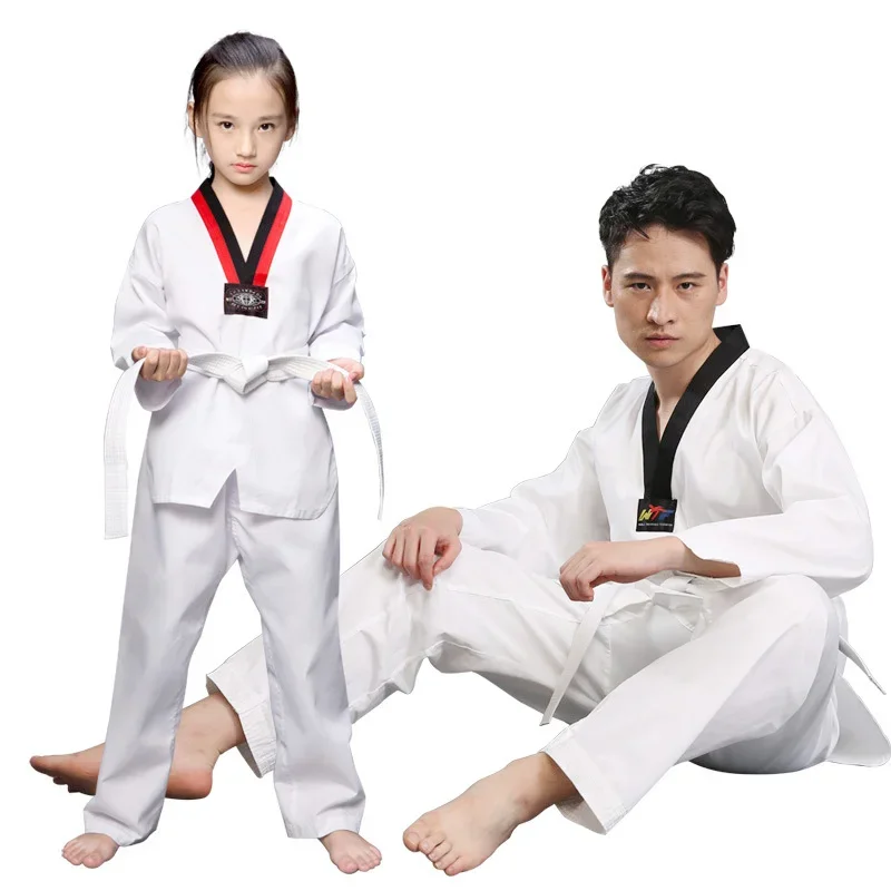 USHINE TKD costumi abbigliamento bianco Taekwondo uniformi WTF Karate Judo Dobok vestiti bambini adulto Unisex manica lunga Gi uniforme