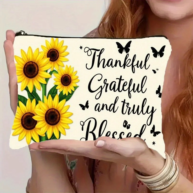 

Sunflower Butterfly "Thankful Grateful Truly Blessed" Makeup Bag Zipper Closure Cosmetic Pouch Gift for Birthday, Wedding