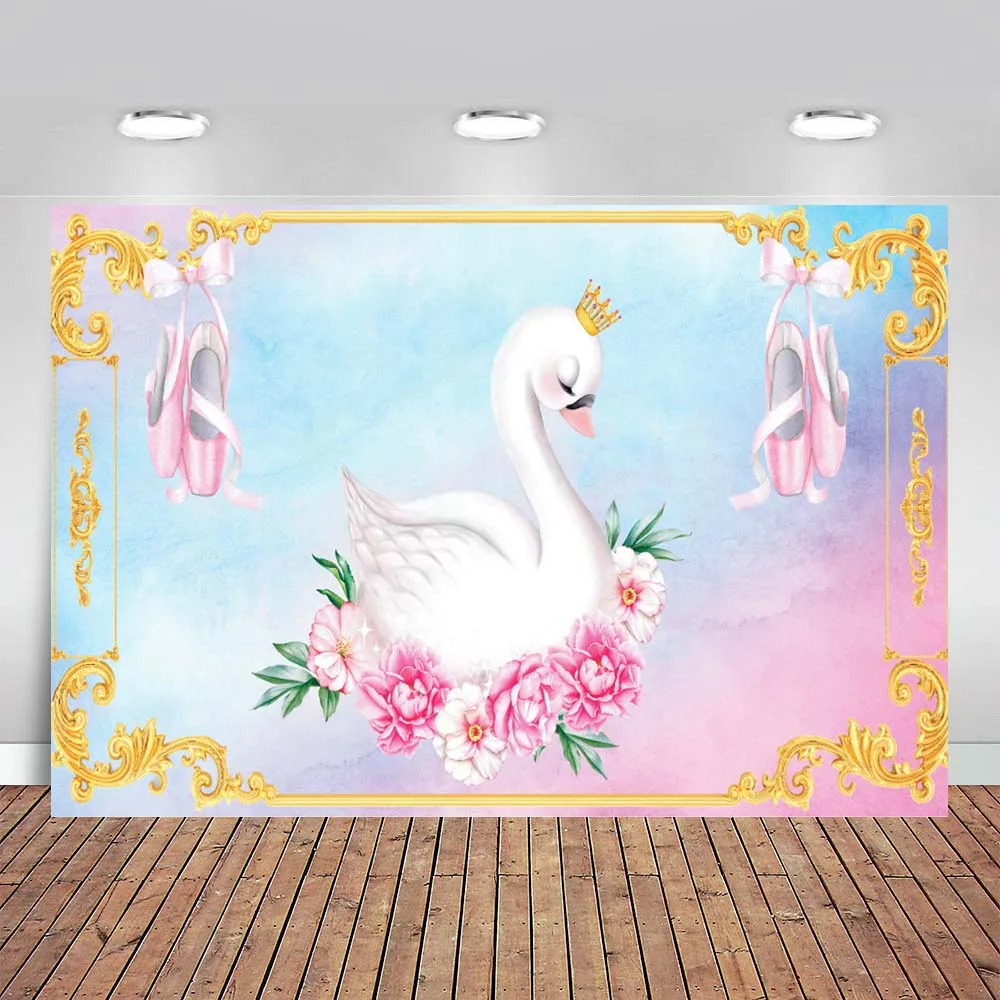 

White Swan Photography Backdrop Baby Shower Birthday Party Decor Gold Confetti Pink Girl Portrait Customized Background