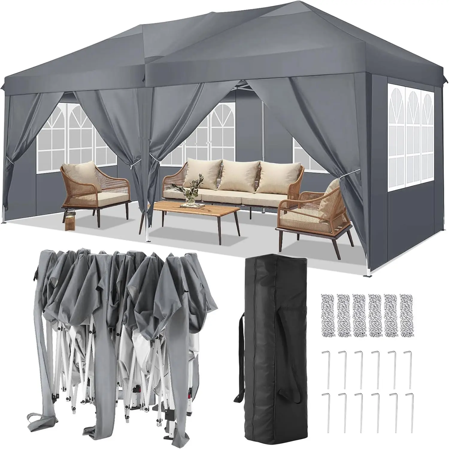 10x20 Pop Up Canopy Tent with 6 Sidewalls Tents for Parties Waterproof Camping Canopy Party Tent Outdoor Portable Gazebo Grey