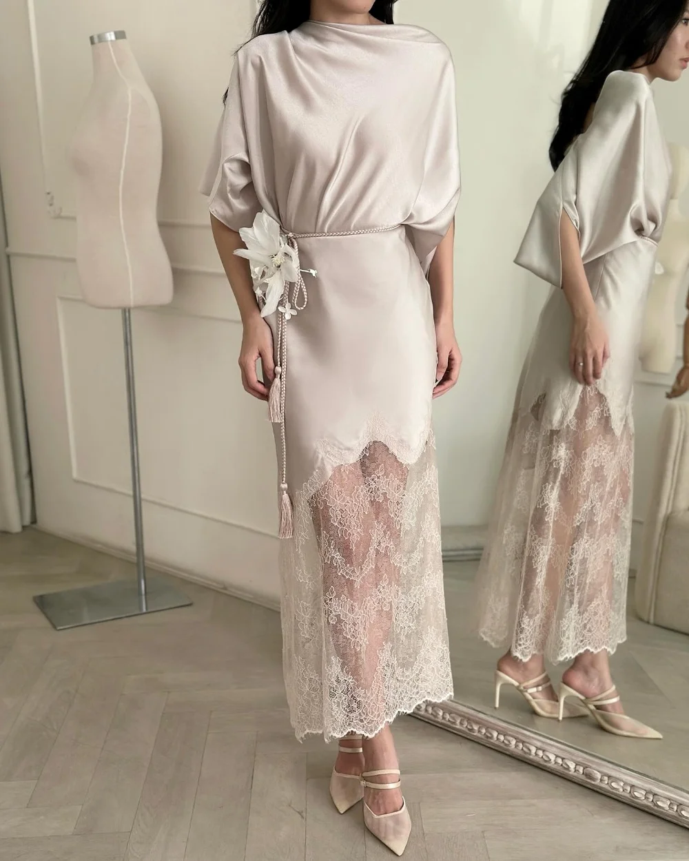 

Customized Exquisite Fashion Handmade Flower Tassel Lace A-line High Collar Ankle Length Evening Dresses Sizes Available