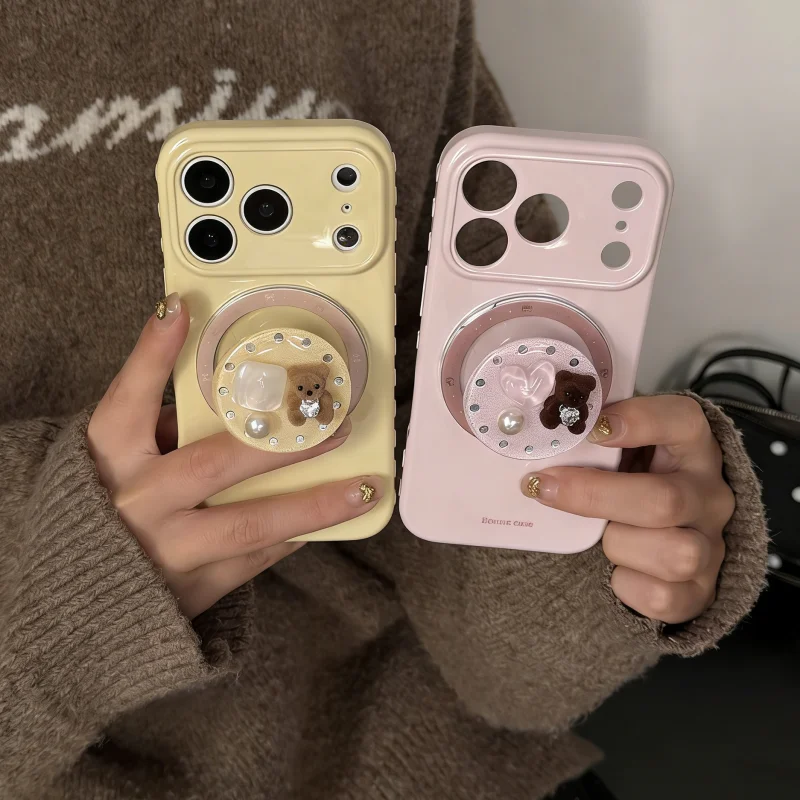 

Korean Cute Bear doll For Magnetic Holder Phone Finger Ring Stand Griptok Grip tok Support For Magsafe iPhone 17 Girl Bracket