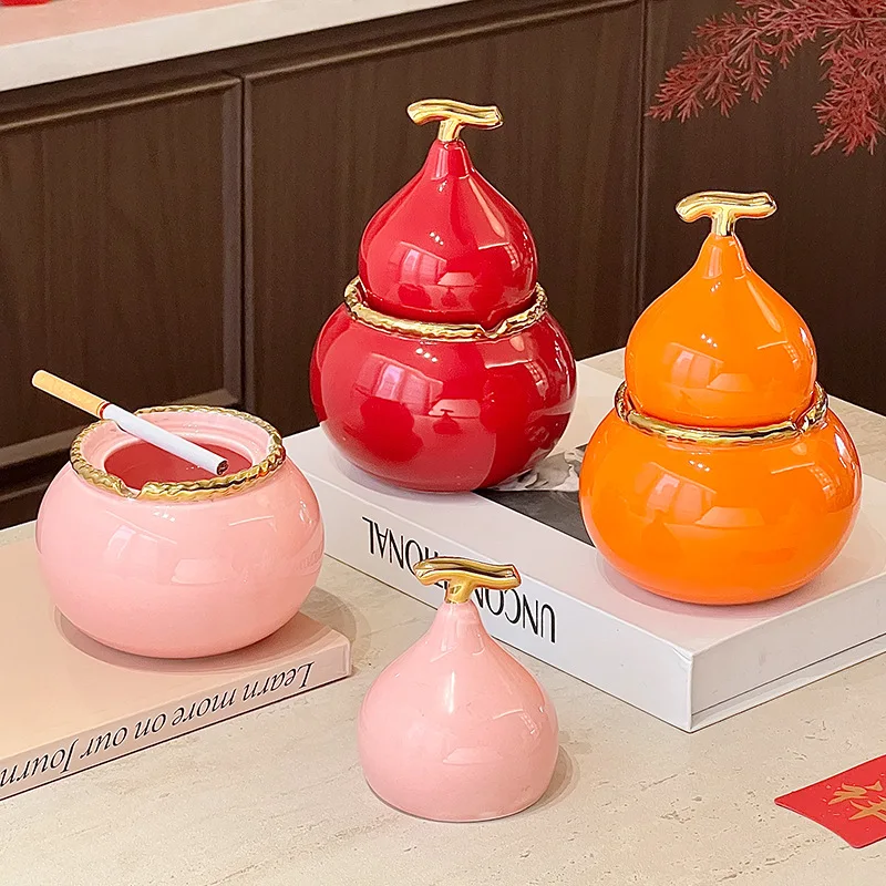 Creative Gourd Ashtray, Home Living Room Desktop,High-end Ceramic Ornament,Ashtray,Office with Cover,Anti Fly,Convenient Ashtray