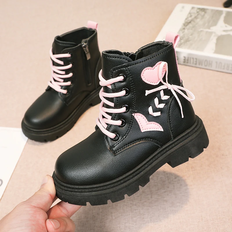 Children Fashion Boots Girls Ankle Boots Pink Elegant Zipper Cool Love Pattern Kids Princess Leather Boots Non-slip Size 26-37