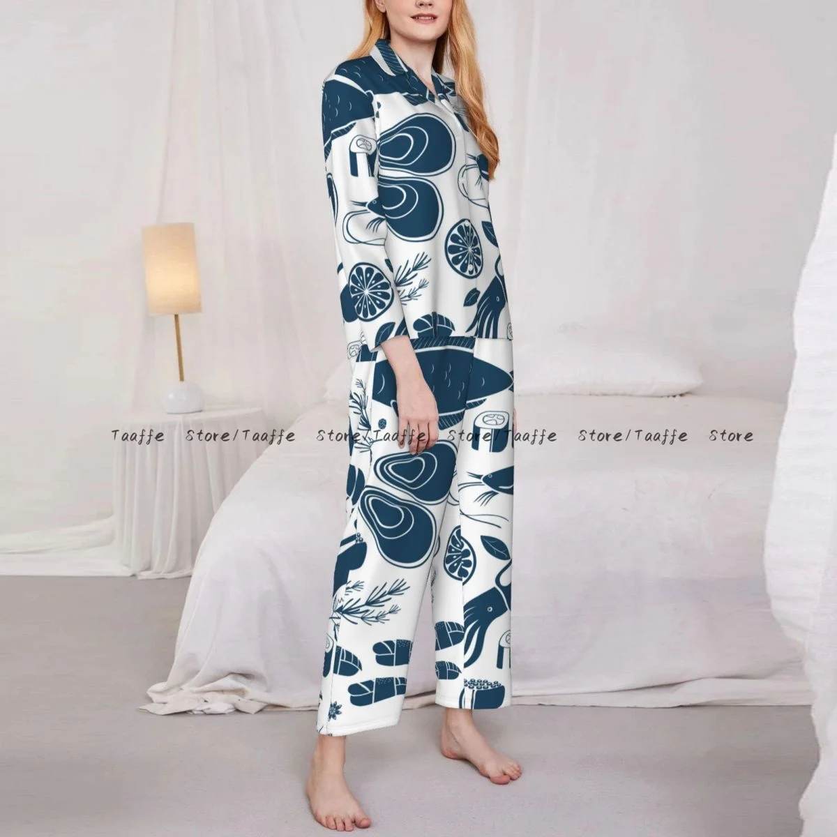 Women Sleepwear Pajamas Fish Sushi Seafood Pattern Long Sleeve Pijama Female Set Negligee Cardigan Suit